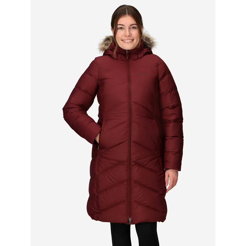 Marmot Montreaux Down Coat Women's Sz L (Large) Acai Berry Hooded Long Jacket